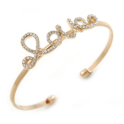 Delicate Clear Crystal 'Love' Cuff Bangle Bracelet In Gold Tone - 19cm Adjustable - main view