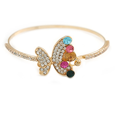 Delicate Multicoloured Crystal Butterfly Thin Bangle Bracelet In Gold Tone - 19cm - main view