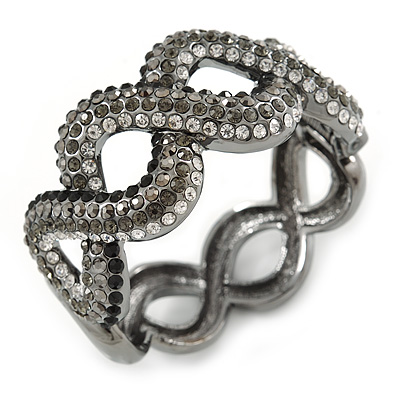Black/ Grey/ Clear Crystal Plaited Hinged Bangle Bracelet In Black Tone - 19cm L - main view
