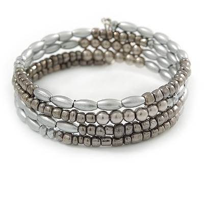 Handmade Metallic Silver/ Hematite Glass, Acrylic Bead Coiled Flex Bangle Bracelet - Adjustable - main view