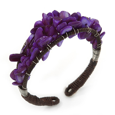 Inky Purple Sea Shell Nugget Wire Flex Cuff Bracelet - Adjustable - main view