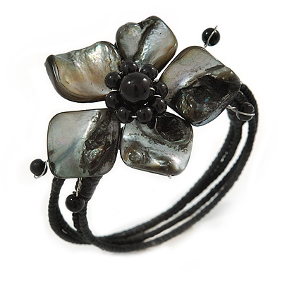 Ash Black Shell Bead Flower Wired Flex Bracelet - Adjustable - main view
