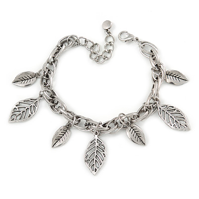 Vintage Inspired Leaf Charm with Chunky Chain Bracelet In Silver Tone - 17cm L/ 4cm Ext - main view