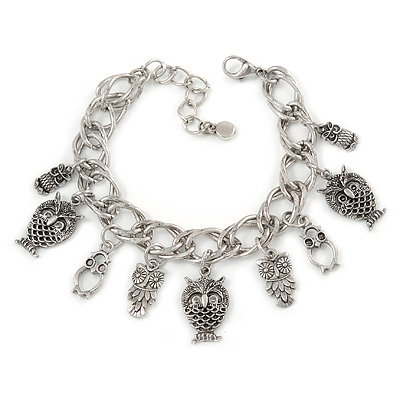 Vintage Inspired Owl Charm with Chunky Chain Bracelet In Silver Tone - 17cm L/ 4cm Ext - main view