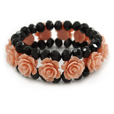 Romantic Dusty Pink Resin Rose, Black Glass Bead Flex Bracelet - 18cm L - main view