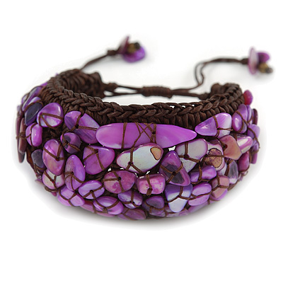Handmade Purple Shell Nugget Brown Cotton Cord Cuff Bracelet - Adjustable - main view