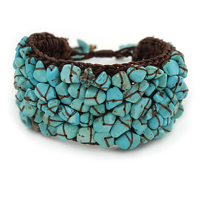 Handmade Turquoise Nugget Brown Cotton Cuff Bracelet - Adjustable - main view