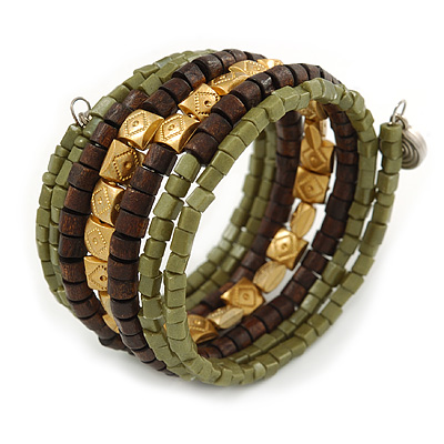Olive Green, Gold Acrylic Wood Bead Multistrand Coiled Flex Bracelet - Adjustable