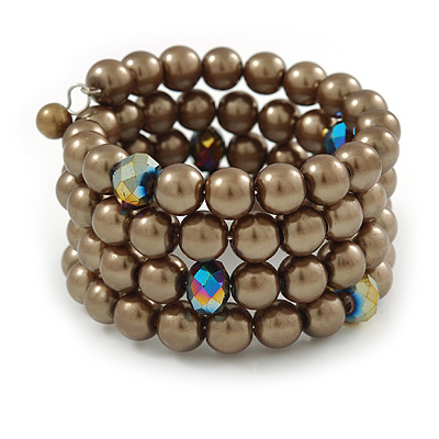 Bronze Brown Glass Bead Coiled Flex Bracelet - Adjustable - main view