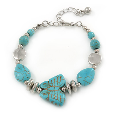 Silver Tone Bead, Turquoise Style Stone Butterfly Bracelet - 16cm L/ 5cm Ext - main view