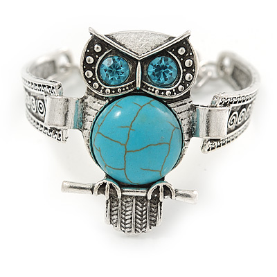 Silver Tone Turquoise Stone Owl Bracelet - 18cm L - main view