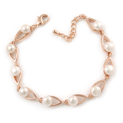 Delicate Classic White Simulated Glass Pearl Oval Link Rose Gold Tone Metal Bracelet - 15cm L/ 3cm Ext (For Small Wrist) - main view