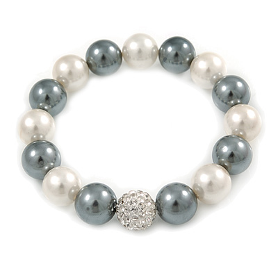 12mm White/ Grey Polished Glass Bead with Clear Crystal Ball Flex Bracelet - 17cm L - main view