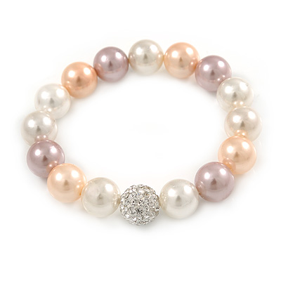 12mm Pastel Shades Polished Glass Bead with Clear Crystal Ball Flex Bracelet - 17cm L