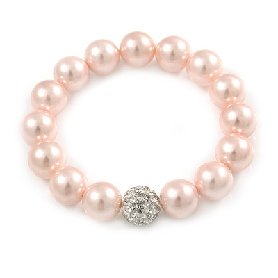 12mm Pale Pink Polished Glass Bead with Clear Crystal Ball Flex Bracelet - 17cm L - main view