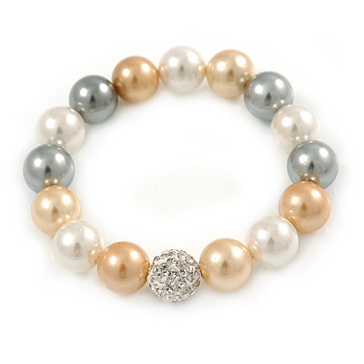 12mm Pastel Shades Polished Glass Bead with Clear Crystal Ball Flex Bracelet - 17cm L - main view