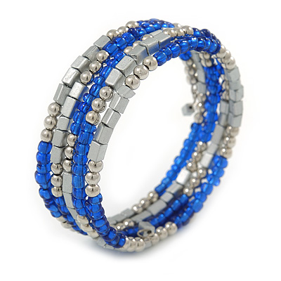 Electric Blue Glass Silver Acrylic Bead Multistrand Coiled Flex Bracelet Bangle - Adjustable - main view
