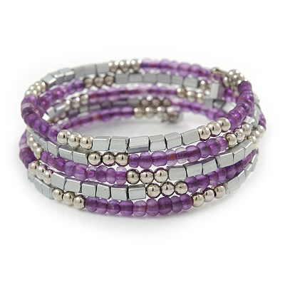 Purple Glass Silver Acrylic Bead Multistrand Coiled Flex Bracelet Bangle - Adjustable