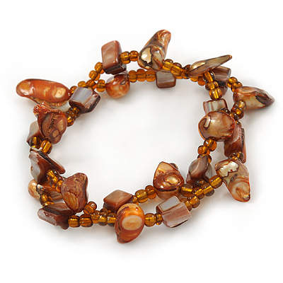 Burnt Orange Sea Shell Nugget, Glass Bead Loop Flex Bracelet - 18cm L - main view
