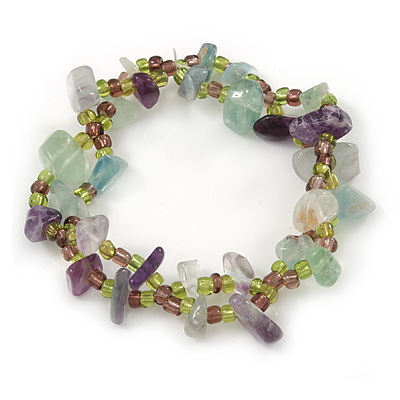 Light Green/ Amethyst Semiprecious Stone, Glass Bead Loop Flex Bracelet - 18cm L - main view