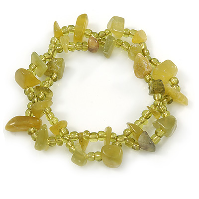 Olive Green Semiprecious Stone, Glass Bead Loop Flex Bracelet - 18cm L