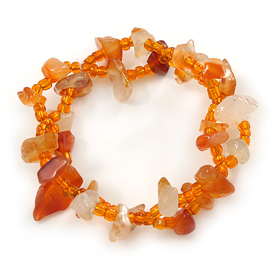 Orange Semiprecious Stone, Glass Bead Loop Flex Bracelet - 18cm L - main view