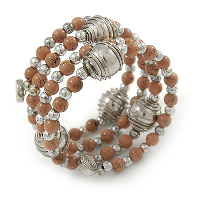 Mink Coloured Ceramic Bead with Silver Tone Wire Ball Multistrand Flex Bracelet - Medium - main view