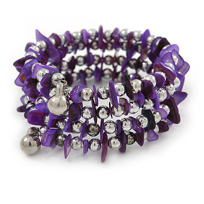 Purple Shell Nugget, Silver Tone Ball Bead Multistrand Flex Bracelet - Medium - main view