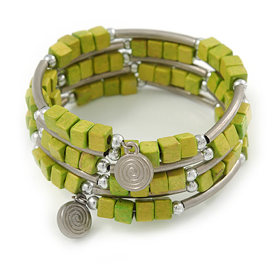 Lime Green Cube Wood Bead and Silver Tone Metal Bar Multistrand Flex Bracelet - main view