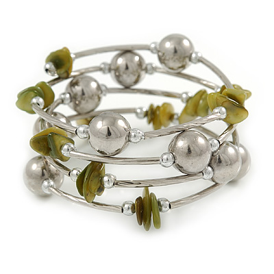 Olive Shell Nugget, Mirrored Ball Bead Multistrand Flex Bracelet - Medium - main view