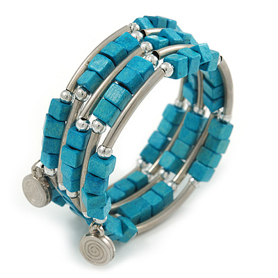 Teal Cube Wood Bead and Silver Tone Metal Bar Multistrand Flex Bracelet - main view