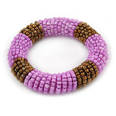 Baby Pink/ Bronze Gold Glass Bead Roll Stretch Bracelet - Adjustable - main view