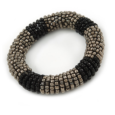 Black/ Grey Glass Bead Roll Stretch Bracelet - Adjustable