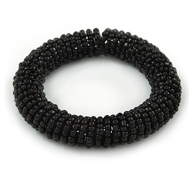 Black Glass Bead Roll Stretch Bracelet - Adjustable - main view