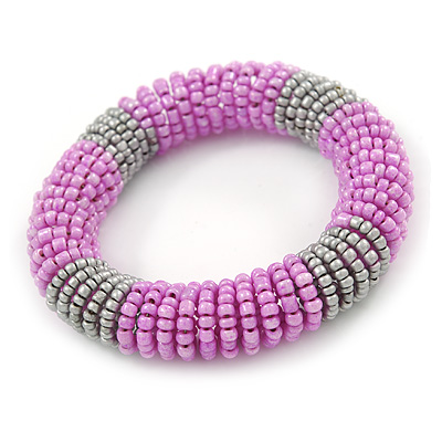Baby Pink/ Silver Grey Glass Bead Roll Stretch Bracelet - Adjustable - main view