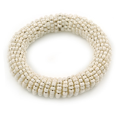 White Glass Bead Roll Stretch Bracelet - Adjustable - main view