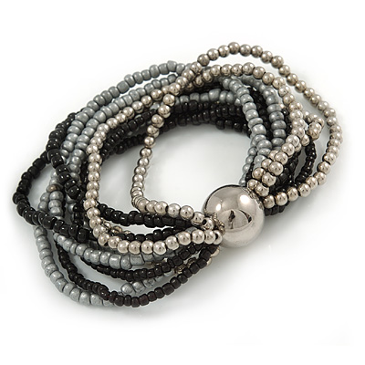 Multistrand Glass and Plastic Bead Flex Bracelet with a Ball (Black/ Grey/ Silver) - 17cm L - main view