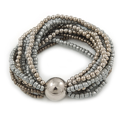 Multistrand Glass and Plastic Bead Flex Bracelet with a Ball (Silver/ Grey/ Hematite) - 18cm L - main view
