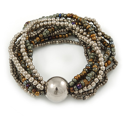 Multistrand Glass and Plastic Bead Flex Bracelet with a Ball (Silver/ Grey/ Bronze) - 18cm L - main view