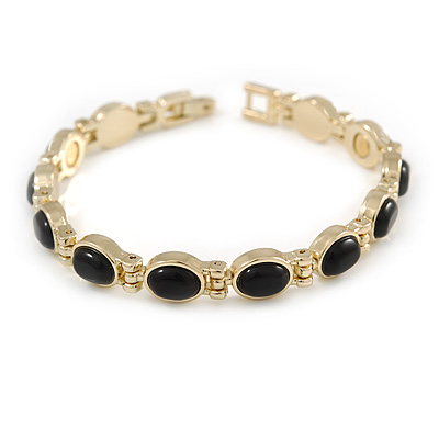 Plated Alloy Metal Black Oval Cut Resin Stones Ladies Magnetic Bracelet - 16cm L (Small) - main view