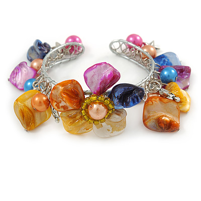 Multicoloured Sea Shell, Faux Pearl Bead Floral Cuff Bracelet In Silver Tone - Adjustable