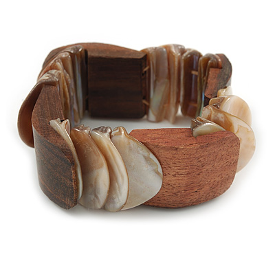 Unique Natural Sea Shell And Brown Wood Stretch Bracelet - 18cm L - main view