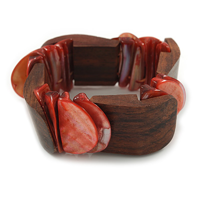 Unique Salmon Pink Sea Shell And Brown Wood Stretch Bracelet - 18cm L - main view
