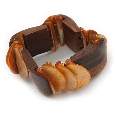Unique Orange Sea Shell And Brown Wood Stretch Bracelet - up to 19cm L - main view