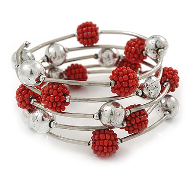 Dusty Red Glass Bead, Silver Tone Ball Multistrand Flex Bracelet - Medium - main view