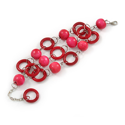 3 Strand Deep Pink/ Fuchsia Wood Bead and Loop Bracelet In Silver Tone Metal - 21cm L/ 5cm Ext - main view