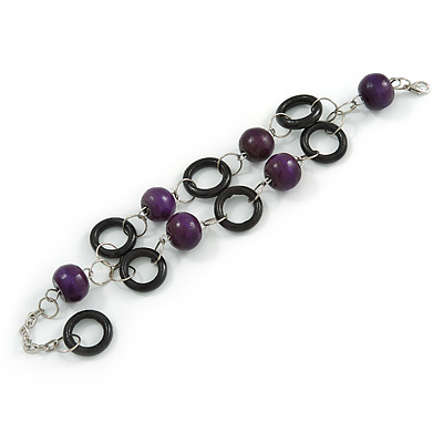 2 Row Purple Round Wood Bead, Black Wood Ring Bracelet in Silver Tone Metal - 20cm L/ 5cm Ext - main view