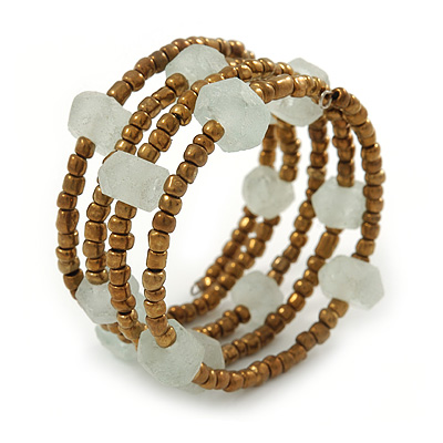 Bronze/ Transparent Glass Bead Coiled Flex Bracelet - 17cm L