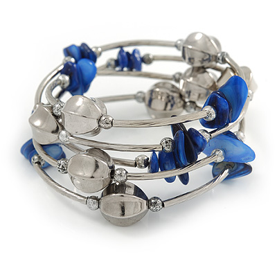 Navy Blue Shell Nugget, Mirrored Faceted Bead Multistrand Flex Bracelet - Medium - main view