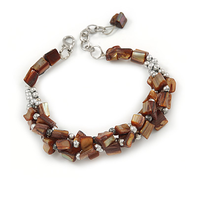 Brown Shell Nugget, Silver Tone Bead Twisted Bracelet - 19cm L/ 3cm Ext - main view
